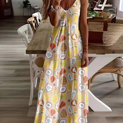 Fruit Print V Neck Cami Dress, Vacation Style Sleeveless Maxi Dress For Spring & Summer, Women's Clothing