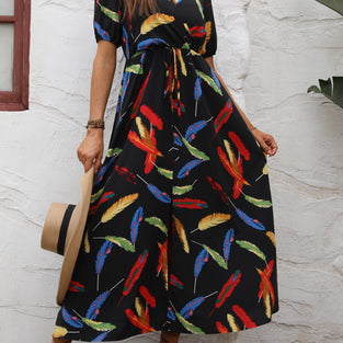 Feather Print V Neck Dress, Elegant Short Sleeve Dress For Spring & Summer, Women's Clothing