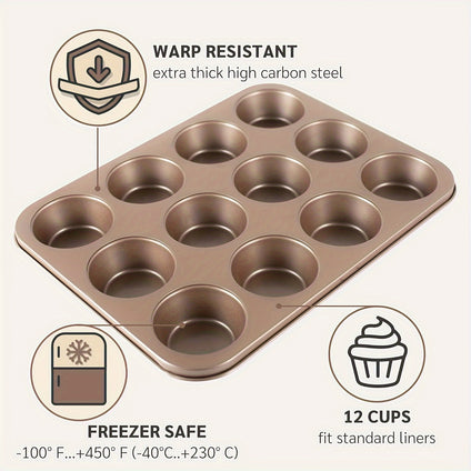 1pc, 12-Cavity Paper Cupcake Mold Golden Non-stick Carbon Steel Muffin Baking Pan Baking Supplies Halloween Christmas Party Favors Christmas Decor