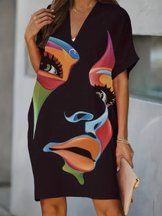 Abstract Face Print Dress, Casual V Neck Short Sleeve Mini Dress, Women's Clothing