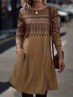 Ethnic Print Crew Neck Dress, Vintage Long Sleeve Dress For Spring & Fall, Women's Clothing