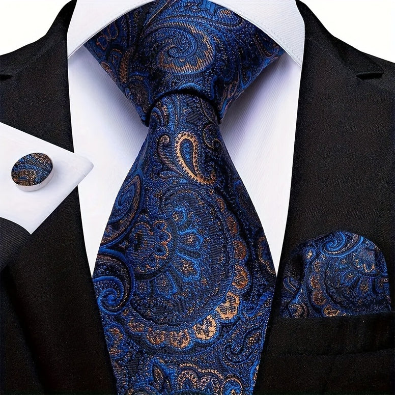 Men's Classic Fashion Striped Handkerchief and Cufflink Set for Business Parties