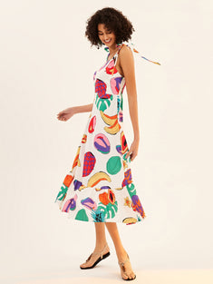 Fruit Print Ruffle Hem Dress, Boho Backless Knotted Midi Dress, Women's Clothing