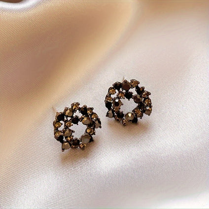 1 Pair Exquisite And Luxurious Style Stud Earrings Geometric Circular Wreath Stud Earrings For Women, Black Zircon Decor Ear Jewelry