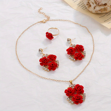 Rose Flower Jewelry Set Necklace Earrings Ring  14K Plated