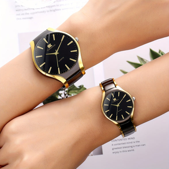 Golden Black Classic Business Quartz Watches: Perfect Couple Gift Set