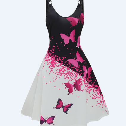 Butterfly Print Color Block Dress, Elegant Ring Linked Sleeveless Dress, Women's Clothing