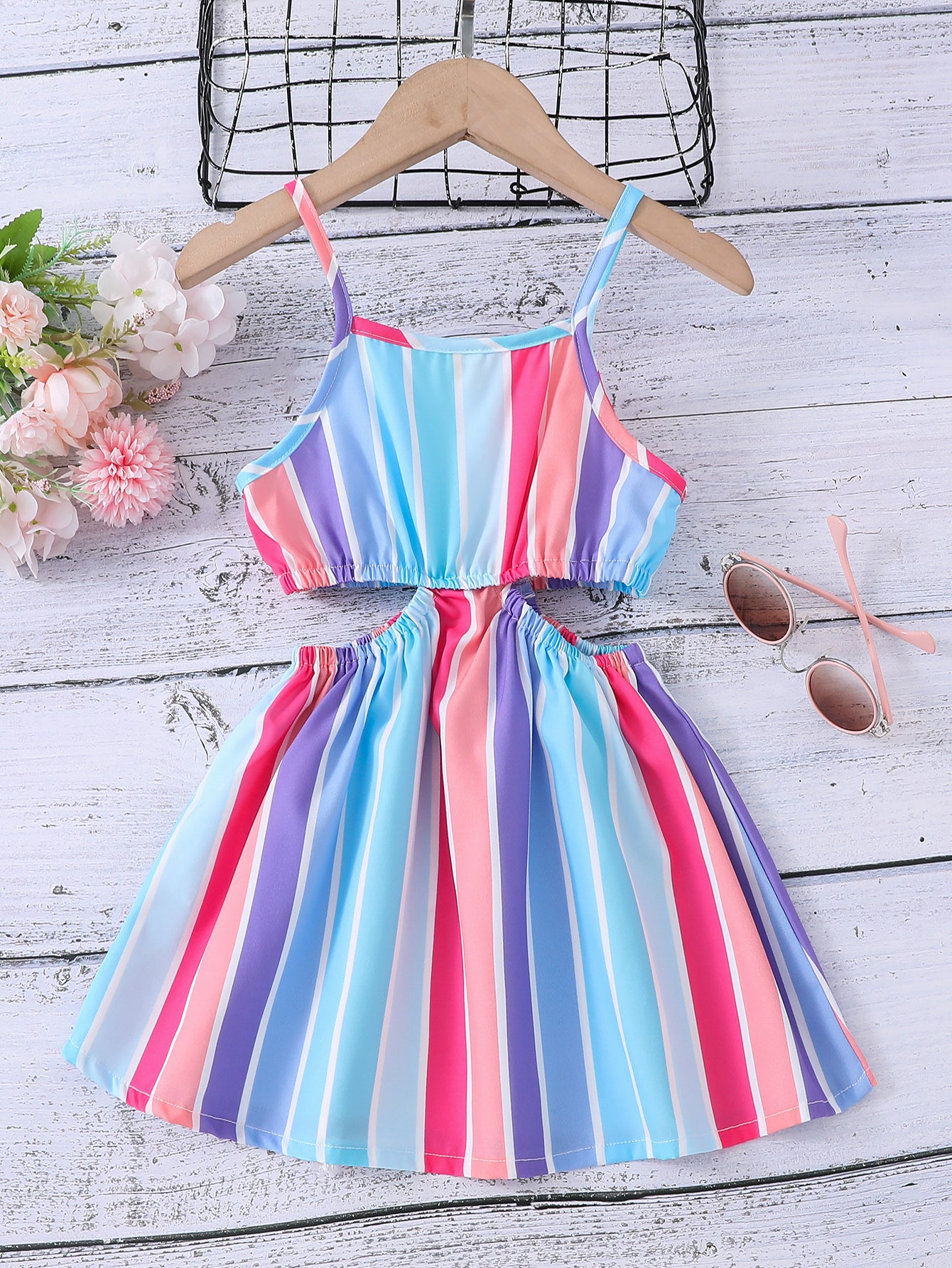 Summer Breeze: Girls' Striped Cut-Out Dress for Sunny Days