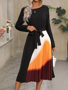 Color Block Crew Neck Dress, Elegant Long Sleeve Belted Pleated Dress For Spring & Fall, Women's Clothing