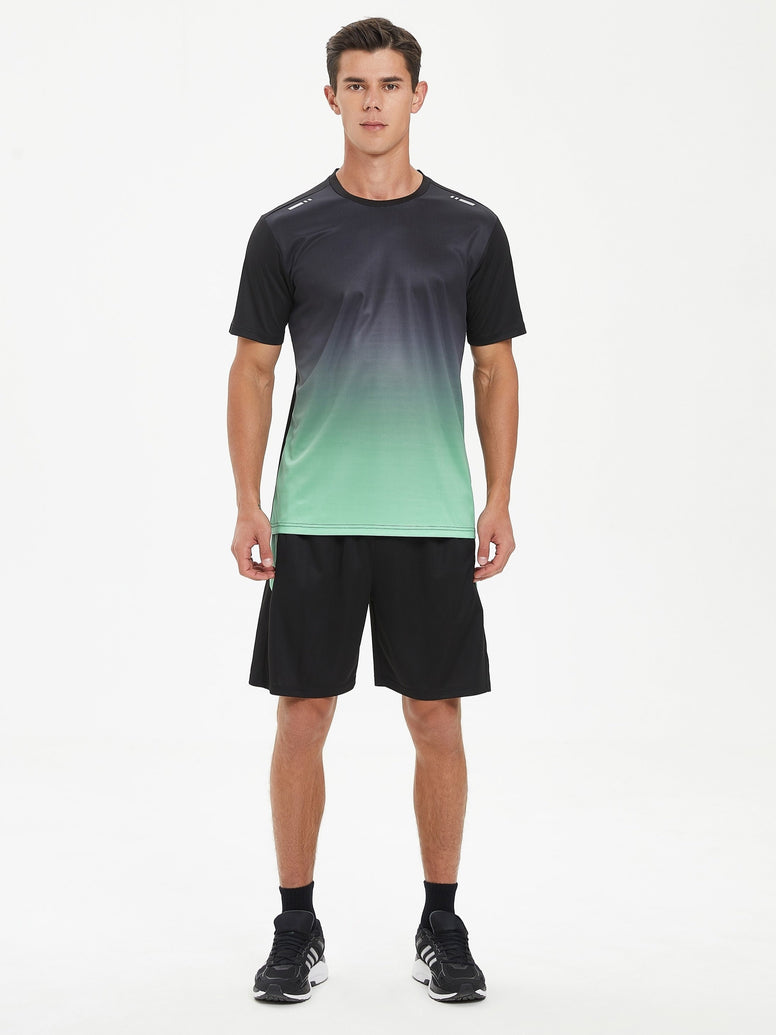 Men's Gradient Sports Set: Quick Dry Ice Silk T-Shirt and Shorts for Running, Basketball, and Fitness