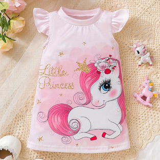 Baby Girls' Cute Unicorn Cartoon Print Ruffle Trim Dress: Perfect for Summer!