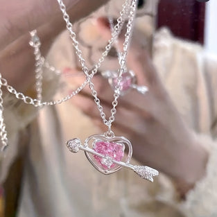 Y2K Pink Crystal Heart Pendant Necklace Perfect Party Date Gift