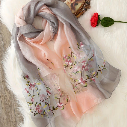 Elegant Plant Embroidered Silk Scarf Thin Breathable Sunscreen Shawl Women's Daily Wear Decorative Scarf