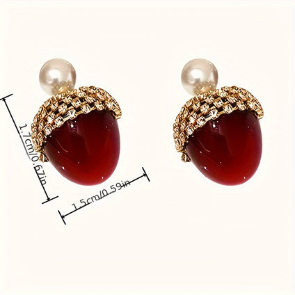 Faux Pearl Dangle Earrings with Cherry Design and Rhinestones