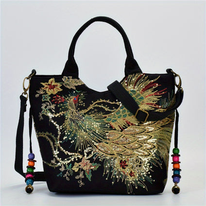 Ethnic Style Canvas Handbag For Women, Vintage Peacock Embroidered Tote Bag, Beaded Shoulder Bag For Travel Shopping