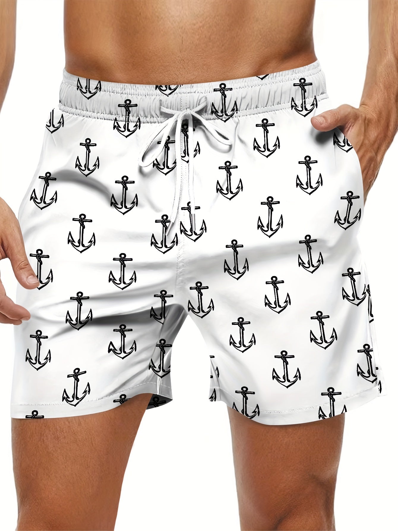 Men's Trendy Hawaiian Anchor Print Swim Shorts for Summer Fun