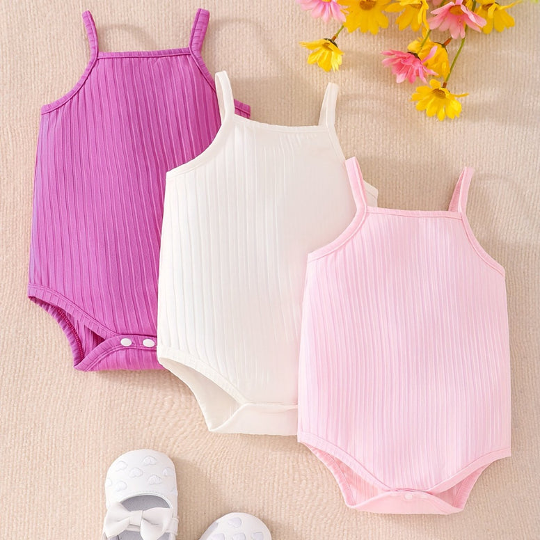 Summer Chic: 3pcs Baby's Ribbed Triangle Bodysuit Sleeveless Romper for Toddler Girls