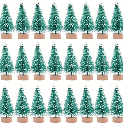 12pcs, Classic Artificial Mini Christmas Sisal Snow Frost Tree With Wooden Bottle Brush Tree Plastic Winter Snow Decoration Table Tree Christmas Party Home Decoration