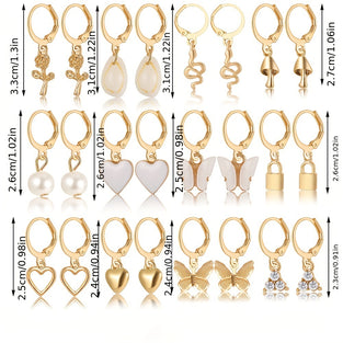 12 Pairs/ Set Heart Mushroom Lock Shell Faux Pearl Shiny Rhinestone Pendant Dangle Earrings Set Elegant Leisure Style Trendy Female Gift