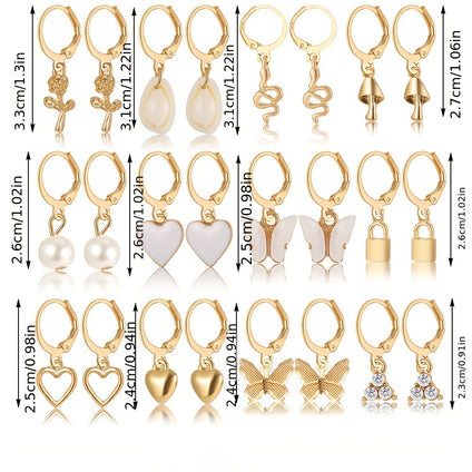 12 Pairs/ Set Heart Mushroom Lock Shell Faux Pearl Shiny Rhinestone Pendant Dangle Earrings Set Elegant Leisure Style Trendy Female Gift