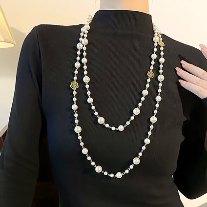 Hollow Camellia Faux Pearl Sweater Chain Women's Long Necklace Clothes Pendant Women's Faux Necklace