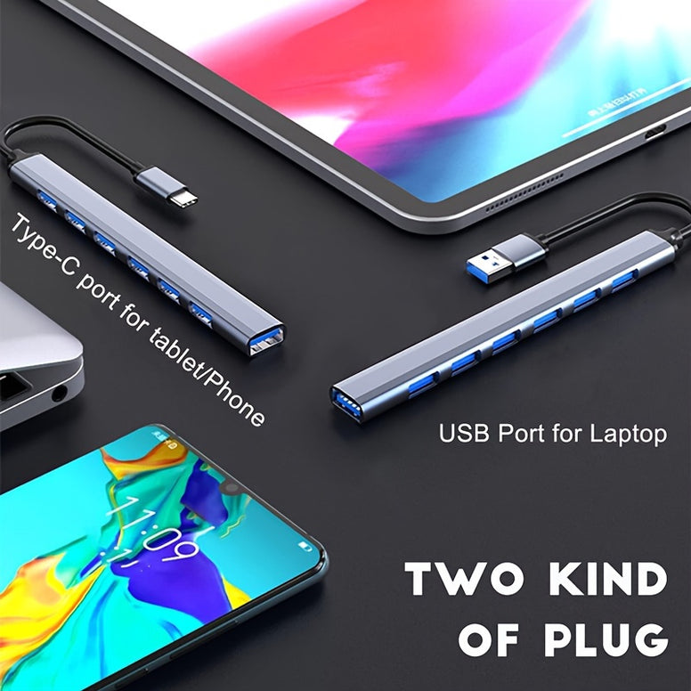 موزع USB 3.0 بـ 7 منافذ هيكل من سبائك الألومنيوم موزع متعدد لأجهزة اللابتوب والأجهزة اللوحية وأجهزة الكمبيوتر