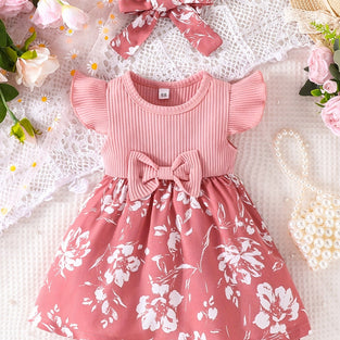 Blossoming Beauty: 2pcs Baby Girls Casual Floral & Bowknot Fly Sleeve Dress Headband Set