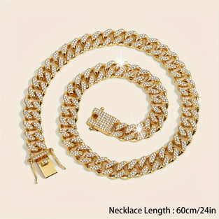 Sparkling Rhinestone Cuban Chain NecklaceBracelet Set in Zinc Alloy