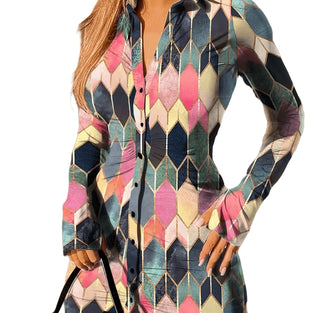 Argyle Print Shirt Dress, Casual Button Front Long Sleeve Mini Dress, Women's Clothing