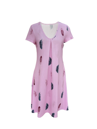 Feather Print V Neck Dress, Casual Short Sleeve Loose Dress For Spring & Summer, Women's Clothing