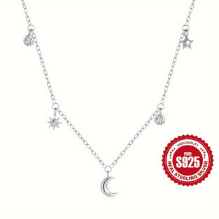 925 Silver Moon  Star Pendant Necklace for Women  Hypoallergenic