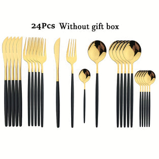 24Pcs Black Handle Golden Cutlery Set Stainless Steel