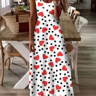 Heart & Polka Dot Print Cami Dress, Casual V Neck Sleeveless Maxi Dress, Women's Clothing