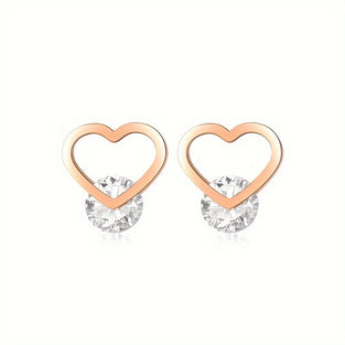 1 Pair Titanium Steel Hollow Love Heart Rhinestone Inlaid Stud Earrings Sweet Trendy Double Heart Stacked Stud Earrings For Women