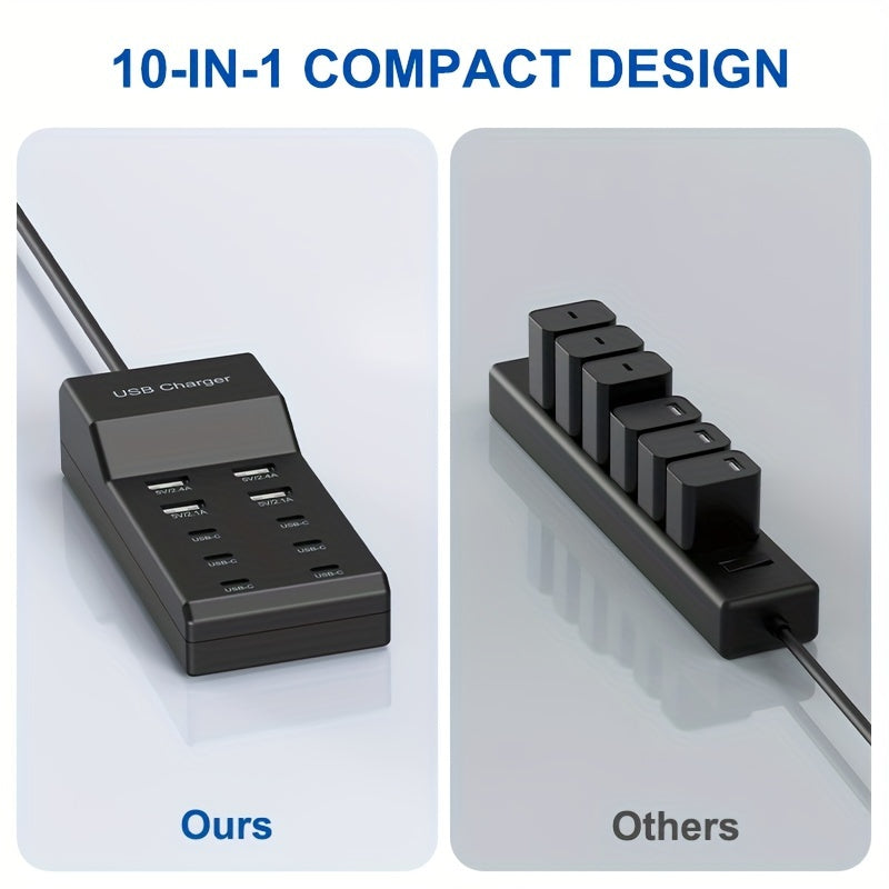 شاحن متعدد المنافذ موديل 6 منافذ USB C و4 منافذ USB A محول عالمي شحن 10 أجهزة في نفس الوقت