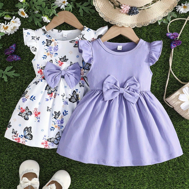 Adorable 2pcs Baby's Bowknot Decor Cap Sleeve Dress - Perfect for Baby Girls in Summer and Holidays