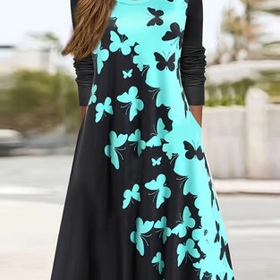 Butterfly Print Midi Dress, Casual Crew Neck Long Sleeve Dress, Women's Clothing