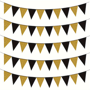 10 Flags/Set Black and Gold Triangle Banner Streamers for Wedding, Graduation Party Decorations - Paper Triangle Flag Bunting for Festive Party Background, Suitable for Ages 14+