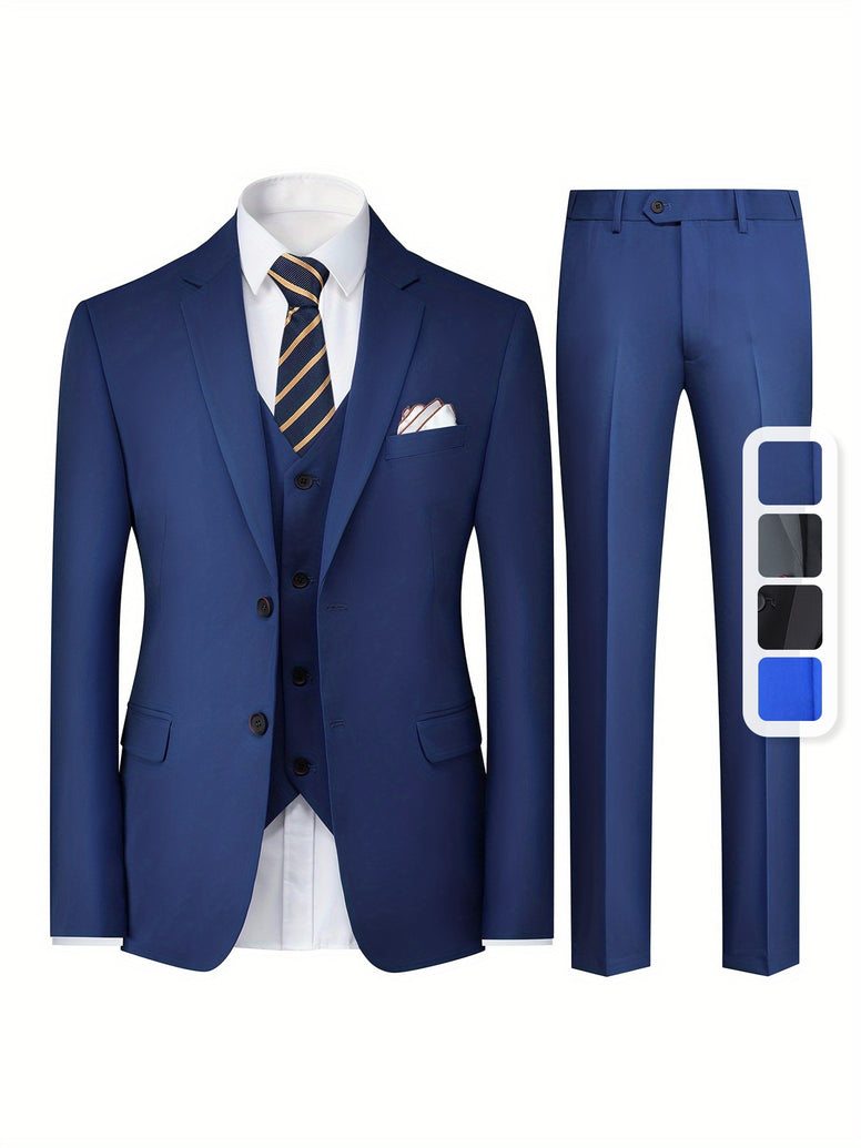 Classic Elegance: 3-Piece Men's Solid Color Suit Set for Casual Business Style