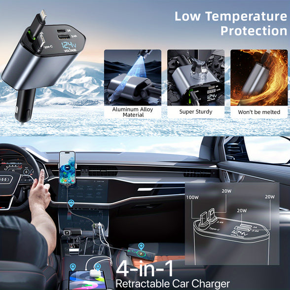 100W Retractable 4-in-1 Fast Car Charger with 180° Adjustable Direction and USB-C Port - Compatible with iPhone, Samsung Galaxy, and More