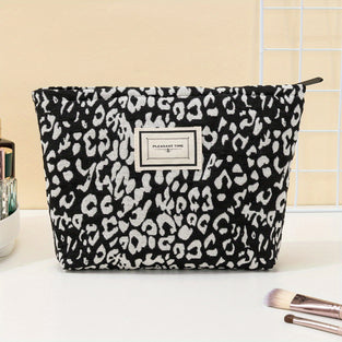Roomy Black Leopard Pattern Makeup Bag - Portable Travel Cosmetic Bag with Zipper for Organizing Toiletries for Girls and Women