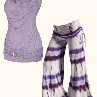 Casual Two-piece Set, Cowl Neck Vest & Tie Dye Wide Leg Pants Outfits, Women's Clothing