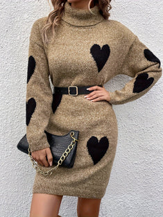 Heart Print Turtleneck Dress, Elegant Long Sleeve Sweater Dress, Women's Clothing