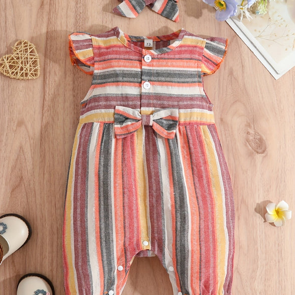 Adorable Baby Girls Casual Striped Romper with Bow Set for Summer Fun