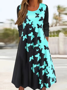 Butterfly Print Midi Dress, Casual Crew Neck Long Sleeve Dress, Women's Clothing