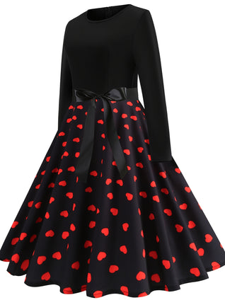 Heart Print Bow Waist Dress, Vintage Crew Neck Long Sleeve Flared Dress, Women's Clothing