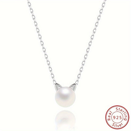 S925 Sterling Silver Exquisite Faux Pearl Cat Shape Pendant Necklace Creative Cute Animal Necklace Elegant Shell Pearl Necklace Birthday Party Jewelry Accessories Anniversary Gift