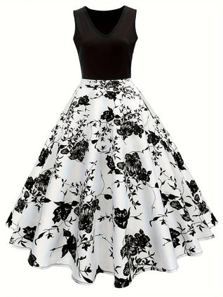 Floral Print A-line Splicing Dress, Elegant V Neck Sleeveless Dress For Spring & Summer, Women's Clothing