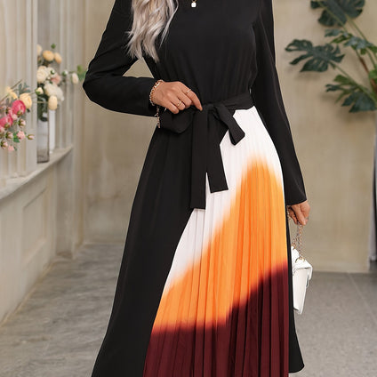 Color Block Crew Neck Dress, Elegant Long Sleeve Belted Pleated Dress For Spring & Fall, Women's Clothing