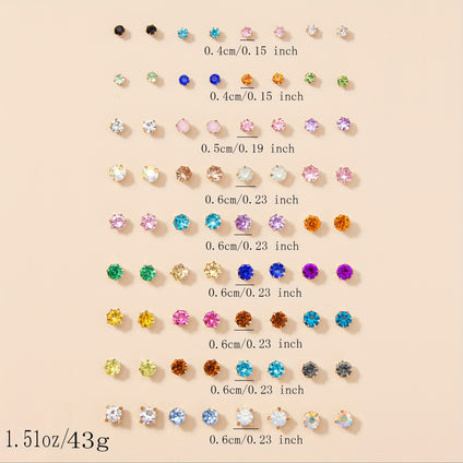 36 Pairs Set Of Colorful Tiny Stud Earrings Iron Jewelry Rhinestone Inlaid Elegant Sexy Style For Women Daily Party Ear Decor